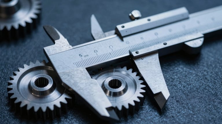 sharp industrial photography, macro depth of field, a stainless steel vernier caliper measuring the teeth of a precision metal gear, cool blue metallic tones, high-contrast dramatic lighting, 35mm