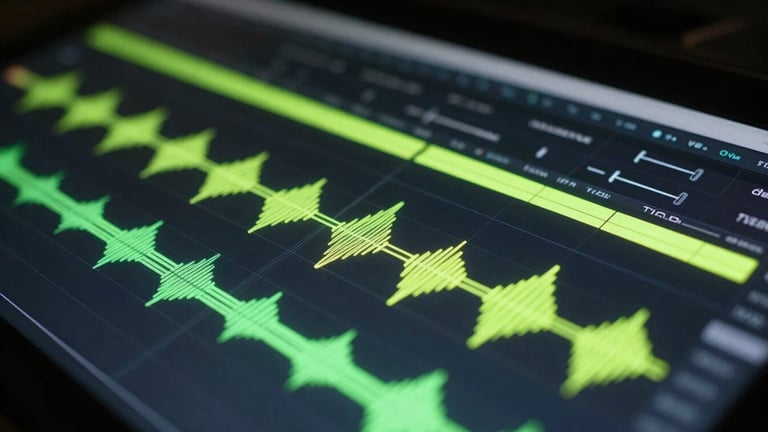 Macro shot of a high-density video editing timeline, glowing neon-lime audio waveforms, dark studio environment, cinematic shallow depth of field, sharp focus on playhead.
