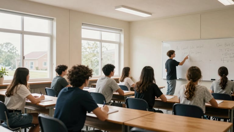 Wide shot of a clean, modern classroom, bright natural daylight streaming through large windows, students actively engaged in group work, one student pointing at a whiteboard, warm organic tones, documentary film photography.