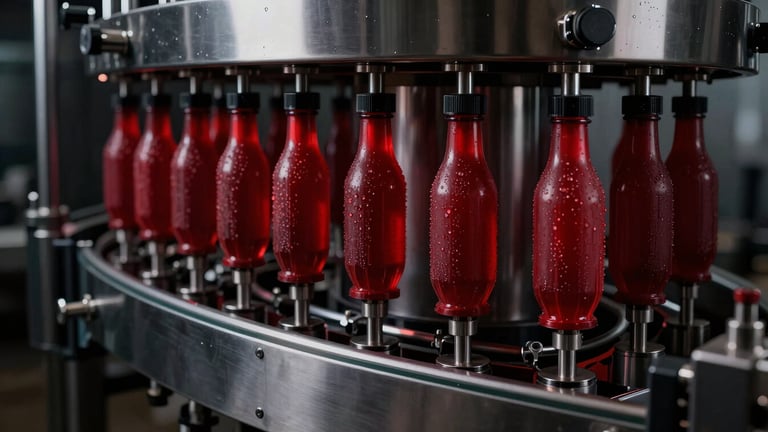 Sleek automated bottling line in a modern, hygienic facility, sharp highlights, deep shadows, premium industrial aesthetic.