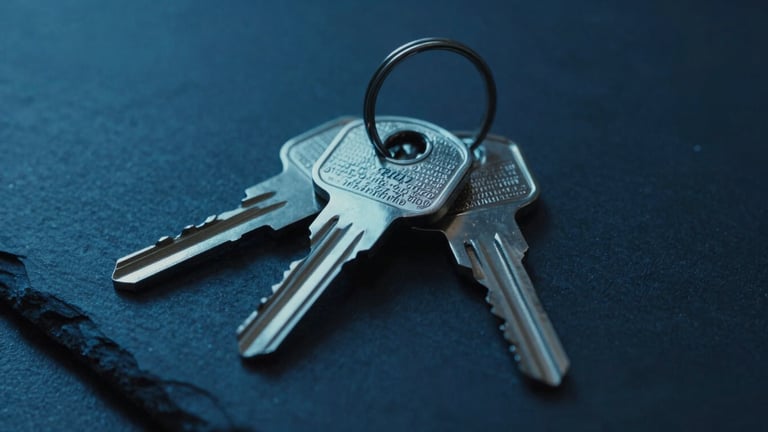 Macro close-up of physical security keys on a dark slate surface, cold blue LED glow, 35mm lens