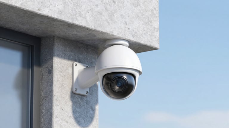 A close-up of a modern dome CCTV camera mounted on a clean concrete architectural corner, clear daylight, sharp focus, 35mm lens