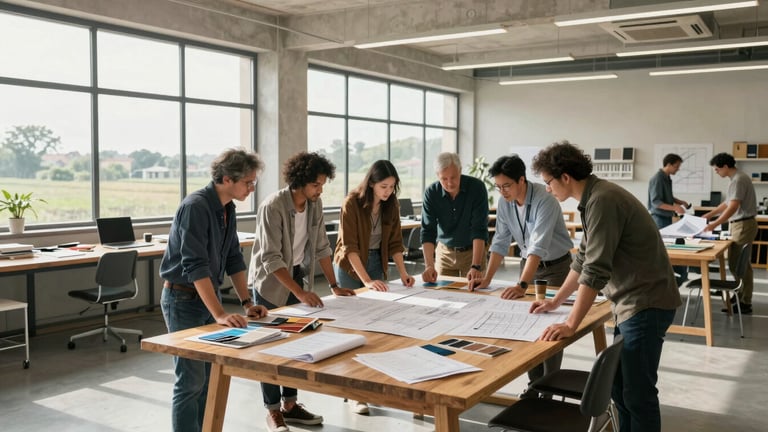 A wide, high-contrast landscape photo of an active design studio. Designers and civil engineers are gathered around a large oak table reviewing blueprints and material swatches under bright natural light.