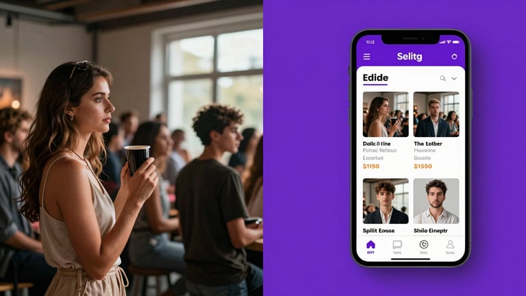 Split-screen mockup of a raw event photo on the left transforming into a branded mobile gallery on the right, with a vibrant violet watermark overlay.