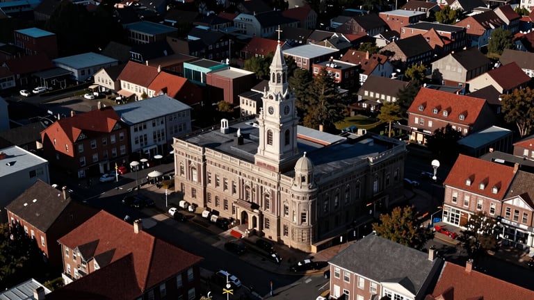 Wide environmental shot of a structured neighborhood meeting in a historic town hall, high-contrast dramatic natural light casting long shadows, 35mm.