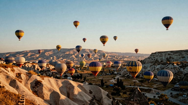 Wide environmental shot of dozens of hot air balloons rising over the valleys of Cappadocia at golden hour, soft glowing light, rich terracotta and warm gold tones, 35mm film look.