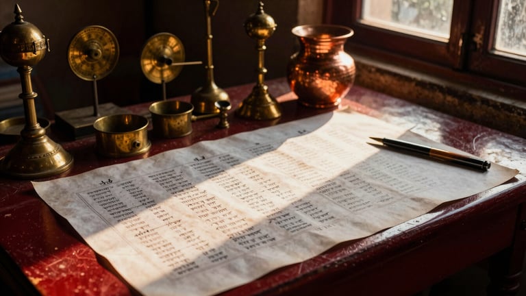 A traditional consultation desk in Amritsar with hand-drawn birth charts, antique brass instruments, and a copper vessel under soft golden hour sunbeams cutting through the window, warm heritage photography