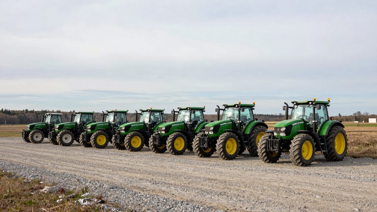 Wide panoramic landscape shot of a clean gravel equipment lot in rural Ontario under high overcast morning light, several late-model green tractors parked in a neat row, distant treeline.