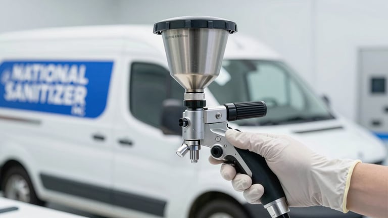 Close-up detail shot of a specialized industrial electrostatic spraying equipment being used by a gloved hand, with a branded NATIONAL SANITIZER, INC. vehicle visible in the background, bright high-key lighting, clean sterile environment, sharp focus, realistic documentary style, 35mm