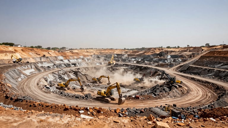 Wide panoramic view of an active open-pit mining operation in Sudan, heavy excavation machinery working across terraced earth levels, natural daylight, dust visible in the air, expansive sky to the upper left third