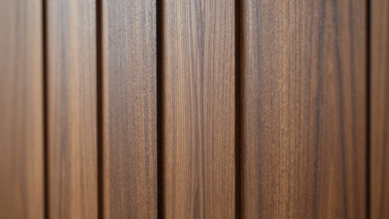 Straight-on architectural detail shot of premium walnut wood veneer panels showing perfectly aligned vertical grains, soft side-lighting, 35mm