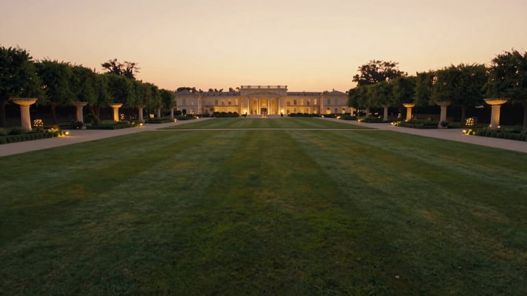 Wide panoramic view of Divine Farms estate grounds at golden hour, manicured lawns stretching into the distance, soft warm twilight, elegant architectural lighting illuminating pathways, low horizon, cinematic.