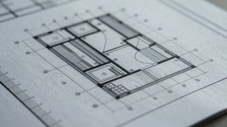 Extreme close-up of a technical blueprint with precise measurements and architectural details, sharp focus, desaturated slate tones, cool overcast daylight.