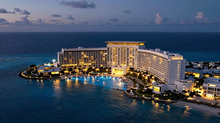 Extreme wide-angle environmental drone shot of a luxury Cancún resort at twilight, deep blue ocean, golden lights reflecting on pools, cinematic composition.