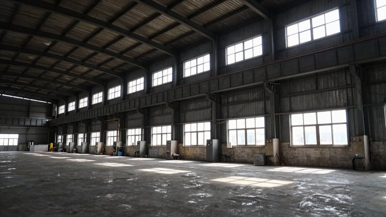 Wide angle industrial facility interior, high-contrast natural factory light, deep slate and amber tones, 35mm