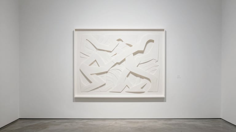 A large framed white papercut sculpture hanging on an empty white gallery wall, soft side shadows casting on the wall, minimalist concrete floor, museum lighting, wide angle