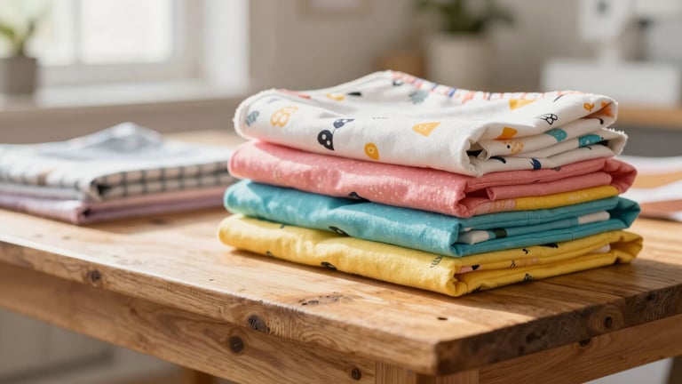 Close-up of vibrant, colorful pet fabrics stacked neatly on a rustic wooden table in a bright, sun-drenched Ottawa sewing studio, warm natural light