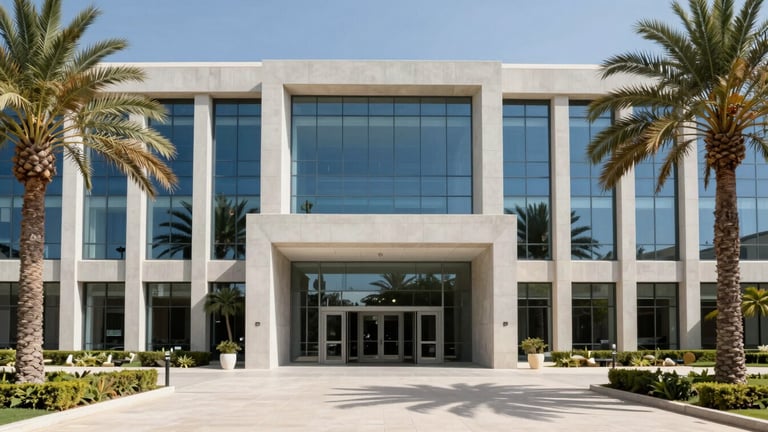 A clean architectural perspective of a modern executive education campus in Casablanca, concrete and glass facade, bright natural daylight, palm trees framing the entrance, 35mm corporate editorial photography.