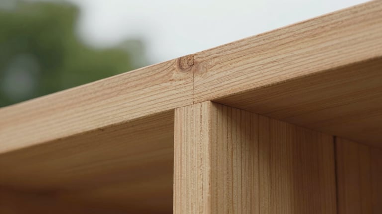 Extreme close-up of tight wood joinery on clear-grade cedar, showing precise craftsmanship and grain, soft diffused light. Architectural photography.