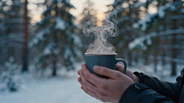 Close-up of hands holding a steaming mug in a snow-dusted pine forest, soft overcast winter light, shallow depth of field.