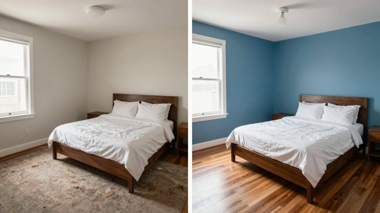 Side-by-side before-and-after pair of an Airbnb bedroom: left half shows a worn, unmade room with scuffed walls and stained carpet; right half shows the same room fully cleaned, freshly painted walls, polished floor, crisp white linen — even natural daylight, no people, tight full-room documentation framing