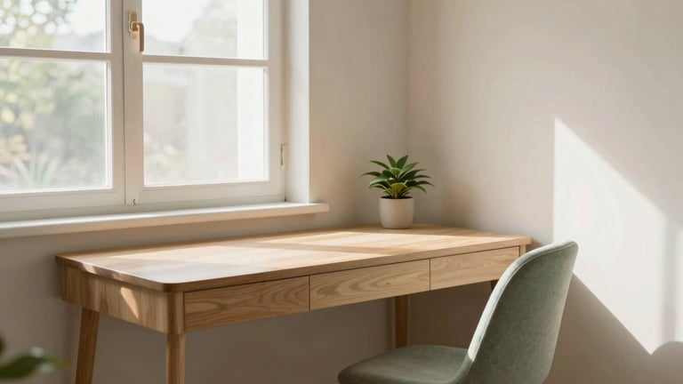 Quiet study corner in Oma Azzahra, sunlit, minimalist wooden desk, comfortable chair, small plant, soft morning light filtering through a window.