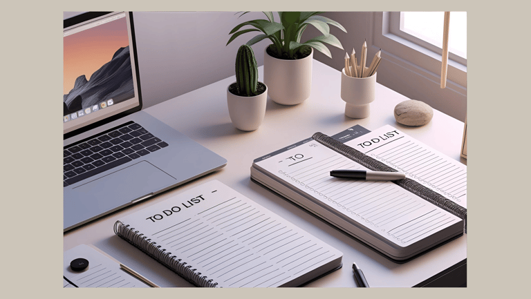A tidy workspace with a laptop, to-do lists, and writing materials—a symbol of structure, time management, and helpful tools 