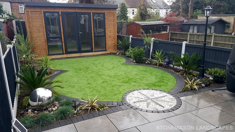 Exotic Modern Dynamic Designer Circle Lawn Tropical Small Garden With Garden Office Summer House