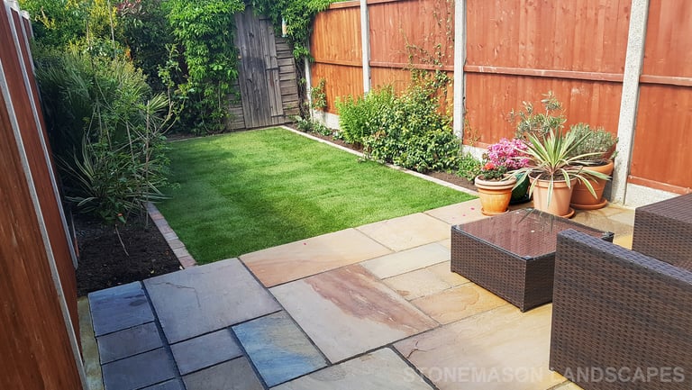 Small Sandstone Patio With New Lawn & Border Edging