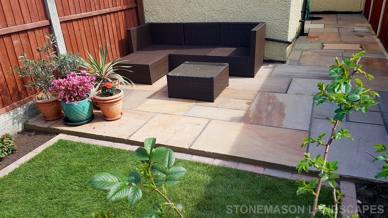 Small Sandstone Patio With New Lawn & Border Edging