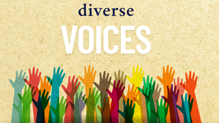 multiple colors of hands being raised with the text diverse voices