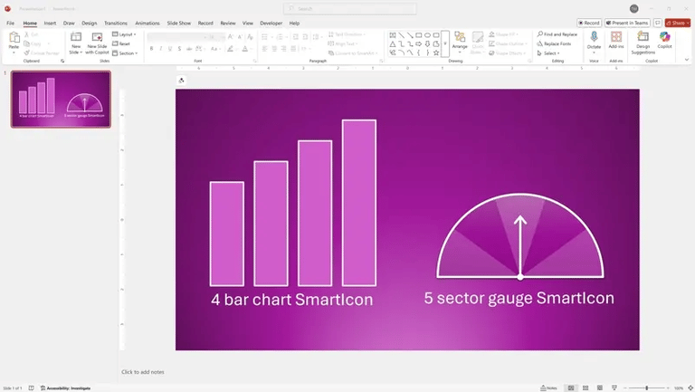 image of 4-bar chart and 5-sector gauge SmartIcons animating