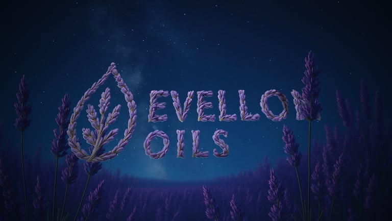 Evellon Oil Logo and name made of intertwined lavender in a lavender field under a starry night sky