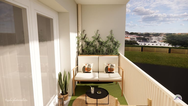 Aménagement terrasse en longueur avec mobilier adapté et bambou décoratif