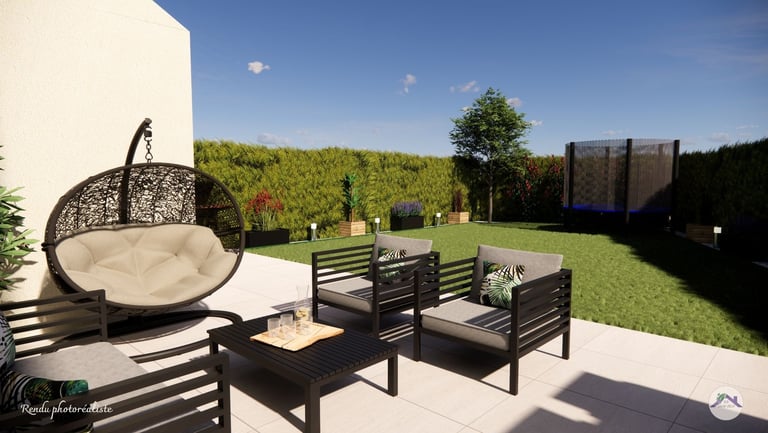 Jardin avec terrasse moderne et du mobilier noir