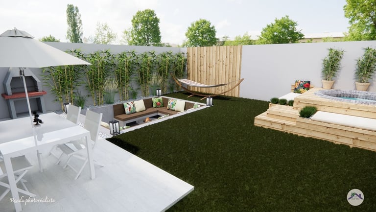 Jardin avec terrasse, espace brasero enterré et spa avec structure sur mesure