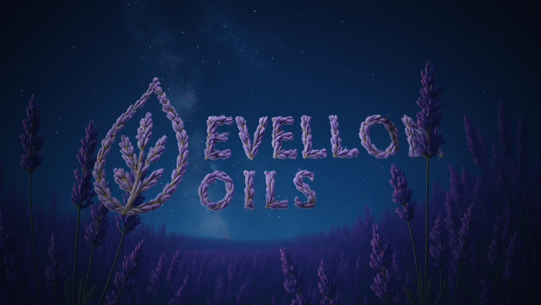 Evellon Oil Logo and name made of intertwined lavender in a lavender field under a starry night sky