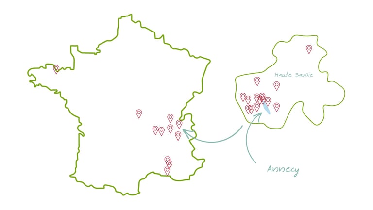 Carte de la France et du département de haute Savoie avec pins des producteurs
