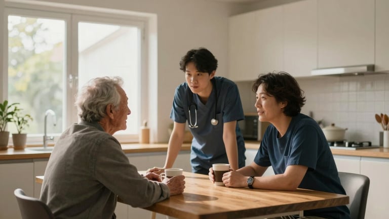 Wide shot of a caregiver seated at a kitchen table across from an older person, both leaning slightly forward in conversation, afternoon light coming through a window to the left, coffee cups on the table, warm and unhurried atmosphere