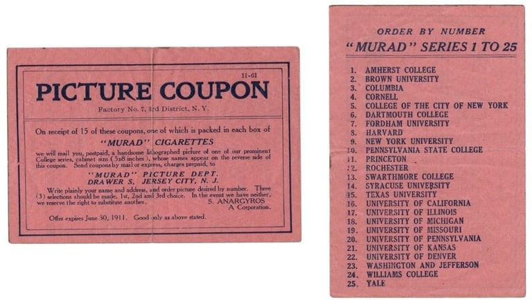 Murad cigarettes picture coupon for the T6 college jumbo sized cards