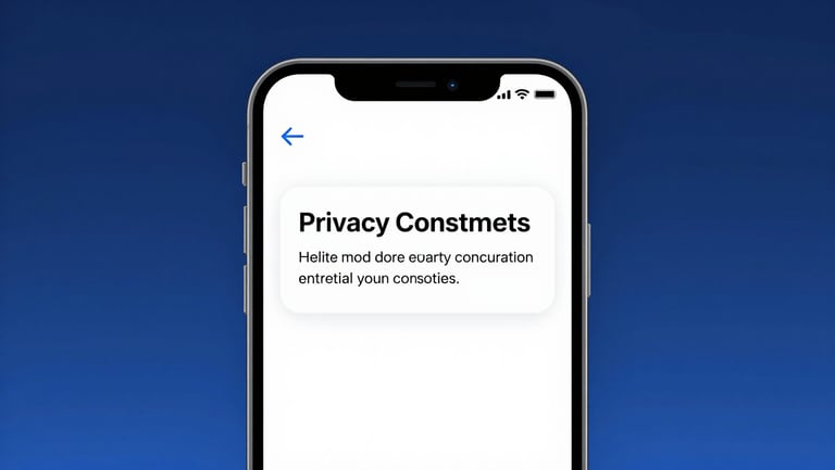 A sleek modern smartphone displaying a privacy consent banner, clean interface, soft studio shadows, blue accents