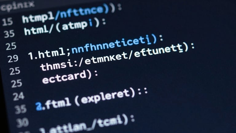 A close-up of clean, well-structured HTML and CSS code on a dark screen, soft blue and white glowing text, sharp focus