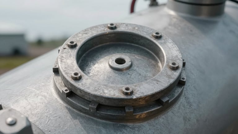 Extreme close-up of a heavy-duty industrial steel seal on a composting tank, overcast daylight, detailed metal texture.