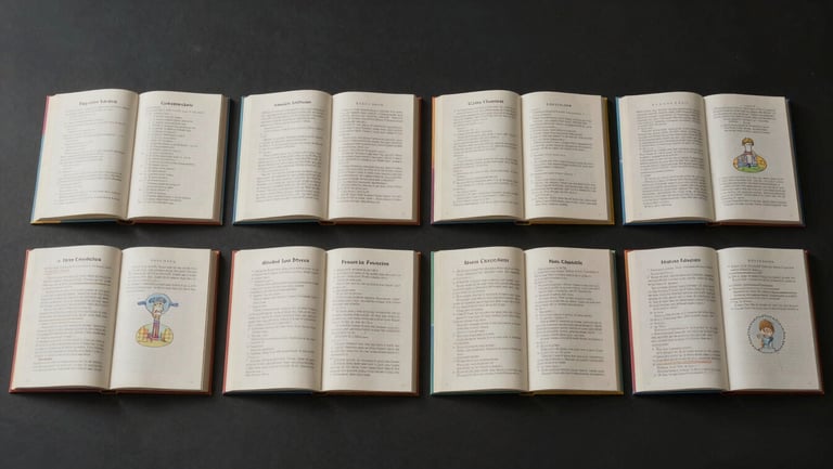 Wide landscape studio photograph of four open book spreads placed in a horizontal row on a dark matte surface under clean diffused overhead lighting — the same two-page children's book layout shown in English, Spanish, French, and Mandarin editions, each spread clearly showing typographic differences in column width and text density, photographed from directly above, even shadow-free illumination