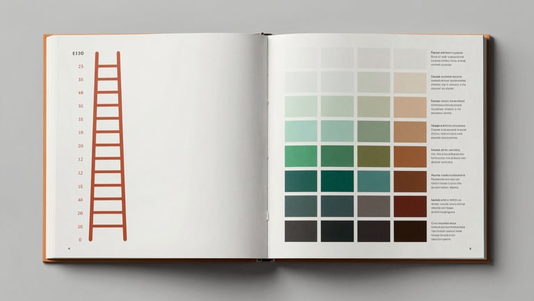 Wide flat-lay: two open documentation spreads side by side — left spread shows a typographic scale ladder with size and leading values annotated in terracotta, right spread shows a three-color system swatch grid with usage rules, studio diffused light on light gray surface