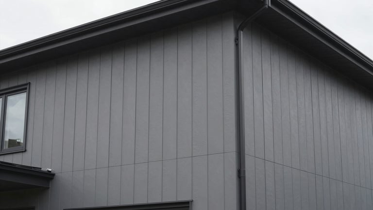Modern residential exterior featuring crisp vertical architectural siding in slate gray.