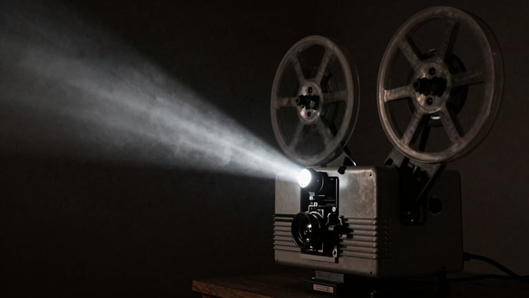 Dark cinematic photography, low-key chiaroscuro lighting, deep shadows, a vintage film projector casting a sharp beam of light through smoke, charcoal tones, 35mm grain.