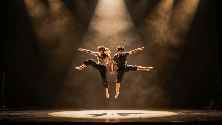 Cinematic wide shot of the Duo Icarian performance, flyer suspended mid-air above the porter's feet, golden spotlight, theatrical haze, 35mm