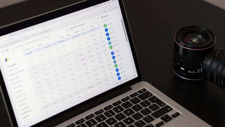 Close-up overhead of a laptop screen displaying a Google Ads performance dashboard with cost-per-conversion metrics, click data columns, and campaign status indicators under clean studio light on a dark desk surface