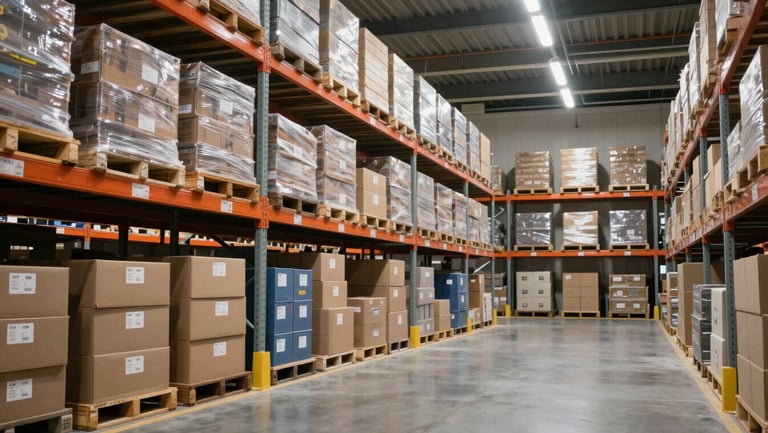 Wide shot of organized warehouse metal shelving stacked with labeled product boxes in a distribution center, bright even LED overhead lighting, slightly left-of-center framing with generous empty right side, no people, documentary style